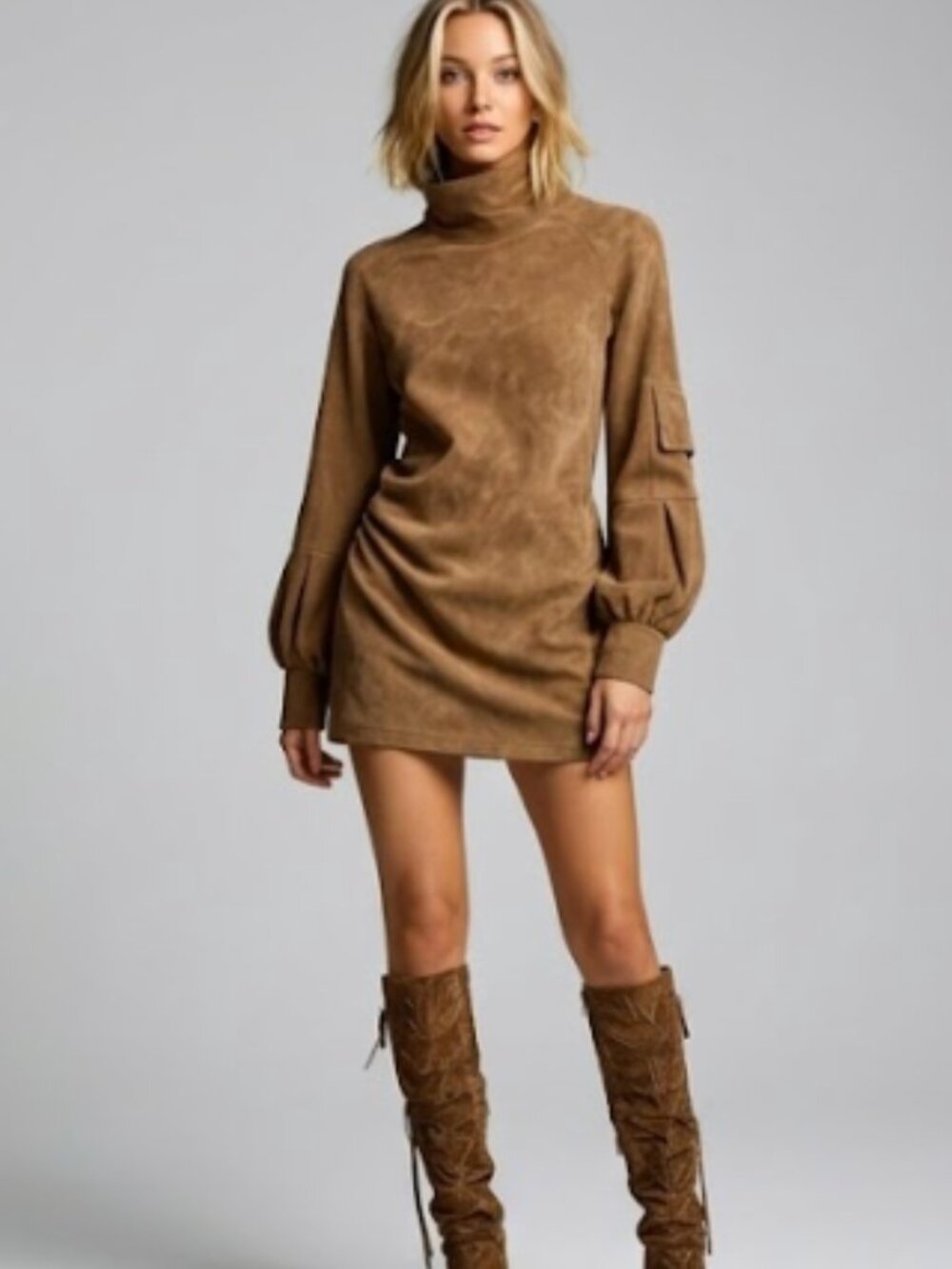 Brown Suedette Draped Mini Dress | Cargo Flap Pocket Lantern Sleeve Dress